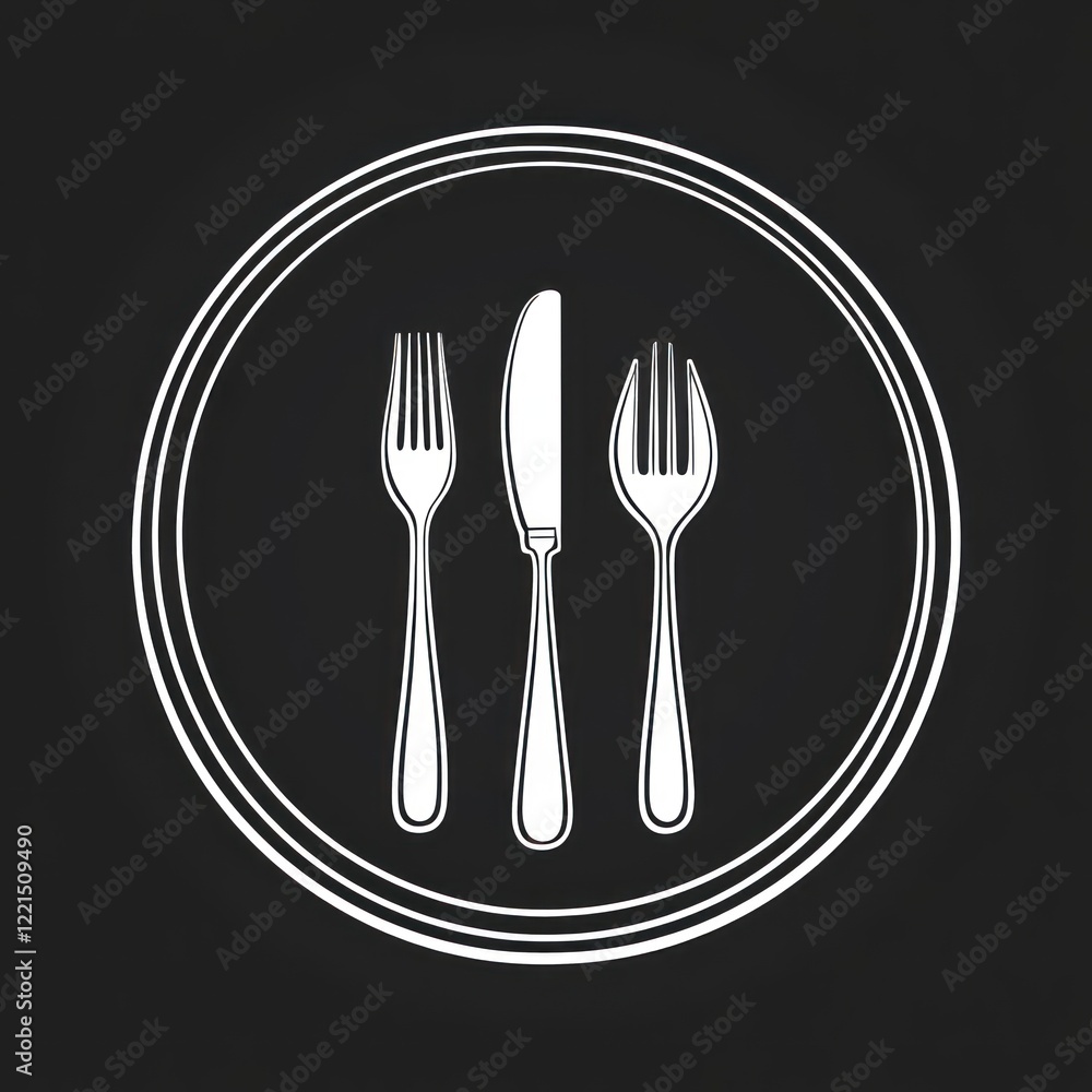 Cutlery on plate, dark background, restaurant menu design Cutlery on plate, dark background, restaurant menu design