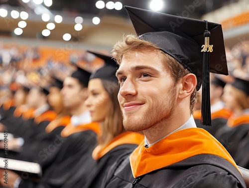 A proud graduate smiling during a commencement ceremony, surrounded by fellow graduates. The vibrant atmosphere captures the joy of achieving academic success. photo