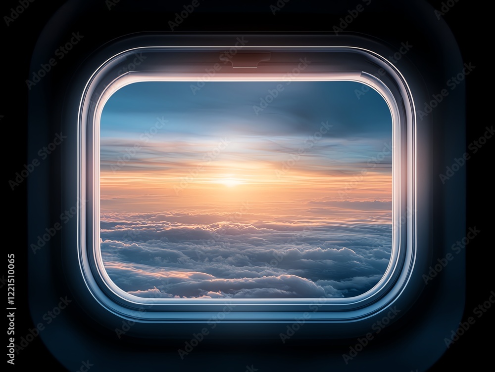 A stunning view from an airplane window capturing the serene beauty of sunrise above the clouds A stunning view from an airplane window capturing the serene beauty of sunrise above the clouds
