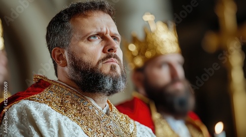 Priest in ornate robes, solemn expression, church, religious ceremony photo