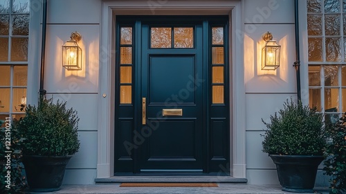 Elegant Evening Entrance: A Luxurious Home Exterior at Dusk