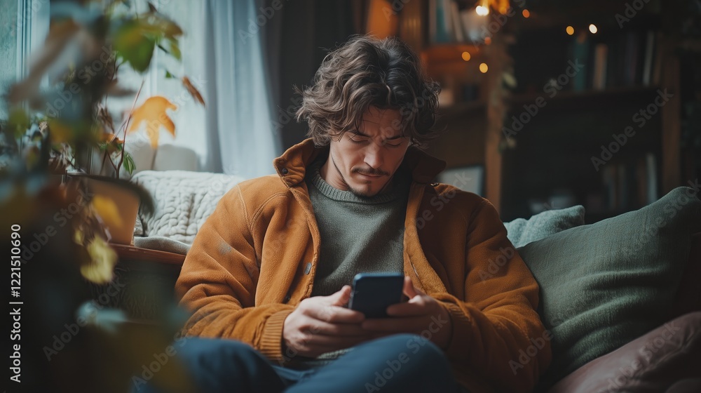Man experiencing phone stress relaxing on sofa reflecting modern lifestyle at home