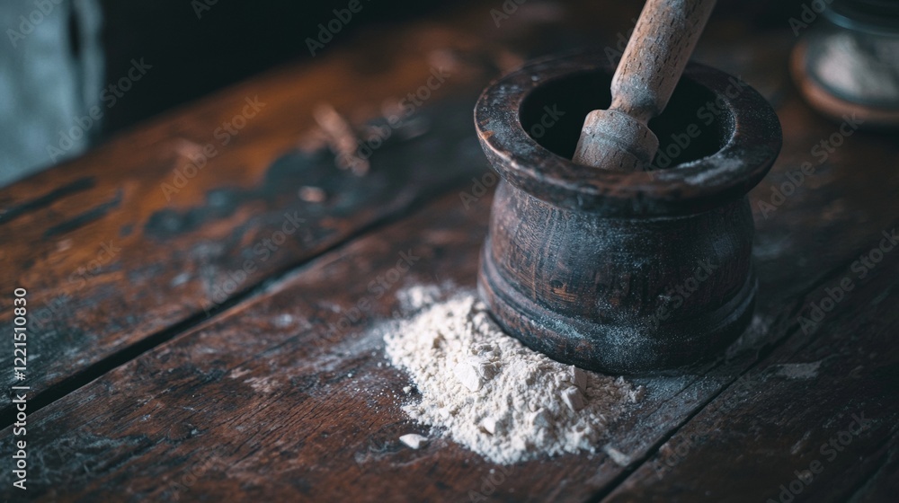Mortar and Pestle on a Rustic Wooden Table Mortar and Pestle on a Rustic Wooden Table