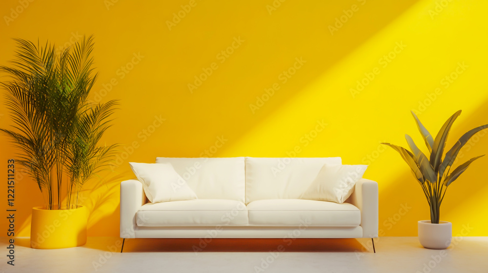 Fototapeta premium 3D render of a simple room interior with yellow color accents, featuring a white leather sofa and modern presentation style