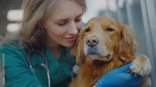 Veterinary professional wearing blue gloves and stethoscope gently petting golden retriever during medical examination, highlighting compassionate animal healthcare interaction