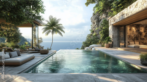 A luxurious wellness retreat in a tropical paradise featuring infinity pools palm trees and a serene meditation spot overlooking the vast ocean for ultimate relaxation
