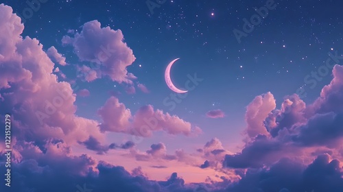 Moonlit sky with pink clouds at night