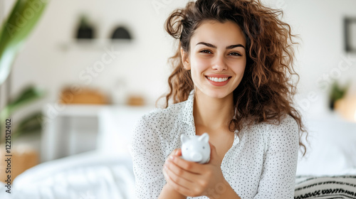 Happy Young Woman Holding Small Piggy Bank, Symbolizing Savings, Financial Planning, and Smart Money Management.