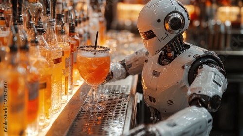 A robot stands next to a bar, waiting to serve drinks