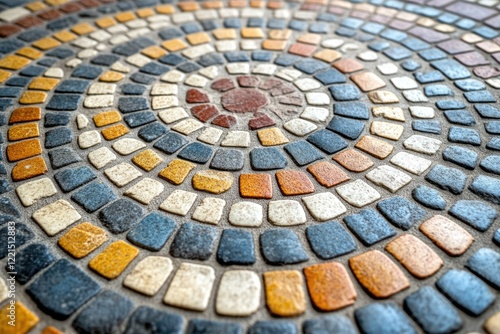 A captivating spiral mosaic pattern composed of multicolored square tiles, creating a visually stunning design. photo