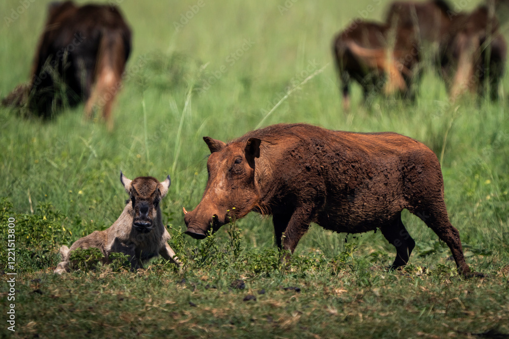 A striking wildlife photograph capturing a territorial display of aggression as a warthog forcefully asserts dominance over a very small baby wildebeest lying in the grass.
