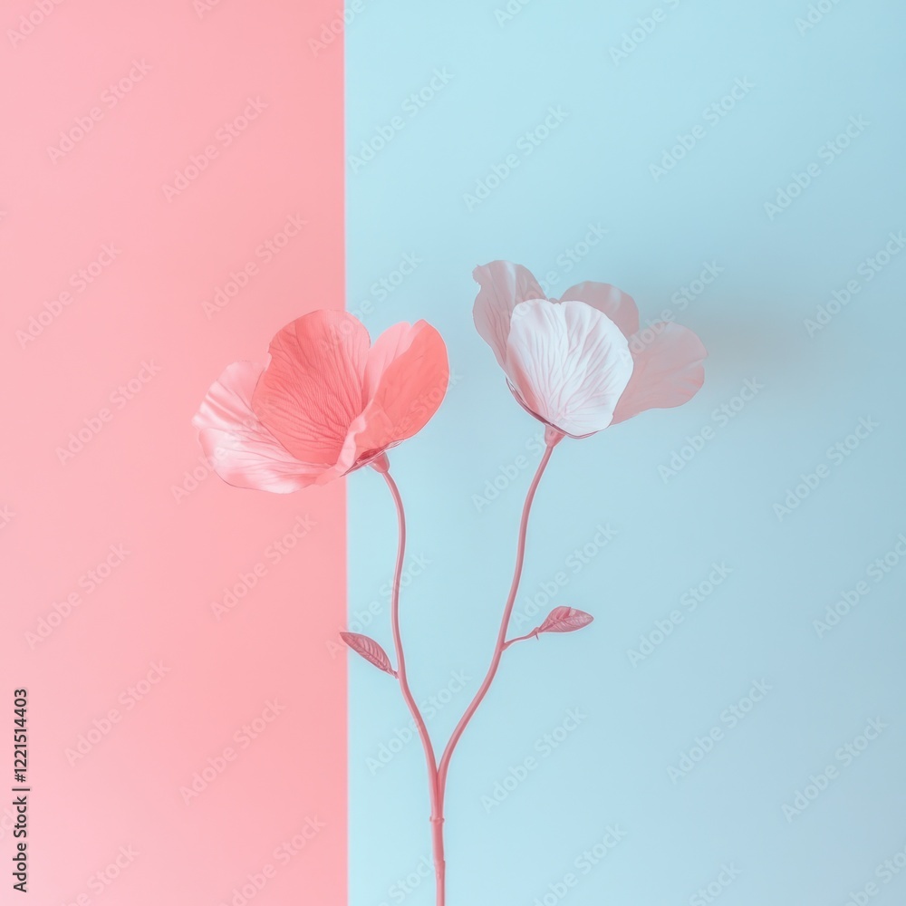 Naklejka premium Surreal Fake Flower Arrangement in a Dreamy Two-Tone Pastel Landscape - A Minimalistic Representation of Love and Beauty