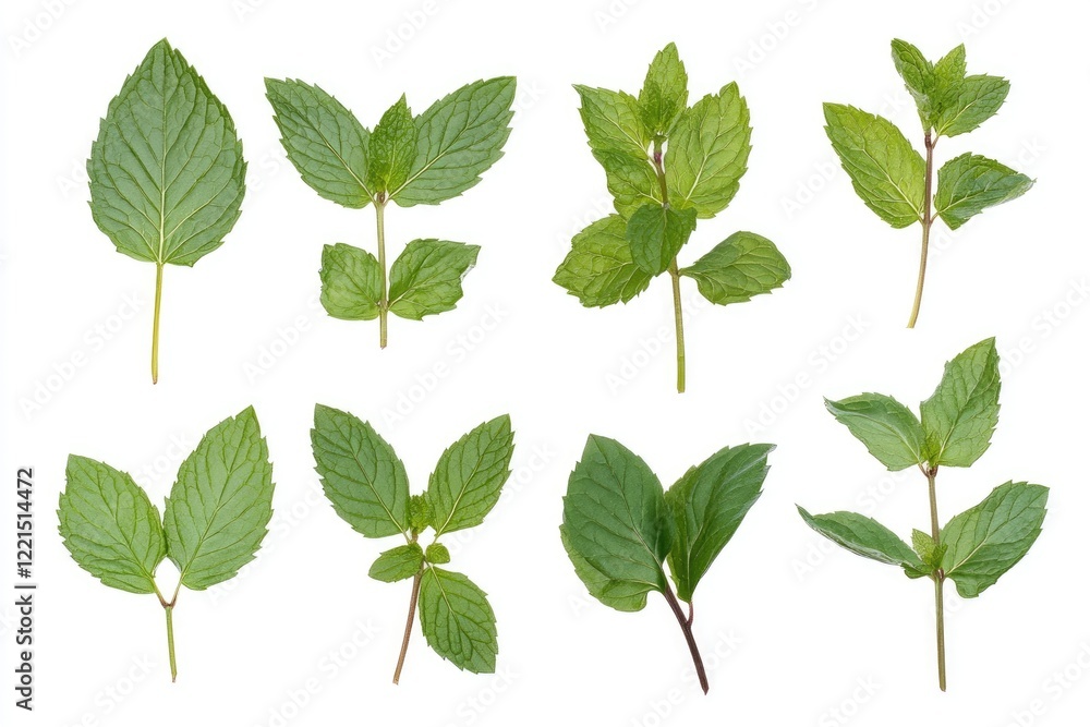 Vibrant Fresh Spearmint Leaves Isolated on Crisp White Background for Cool Culinary Inspiration Vibrant Fresh Spearmint Leaves Isolated on Crisp White Background for Cool Culinary Inspiration