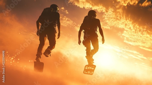 Obraz na płótnie Two flyboarders silhouetted against a vibrant sunset sky create a dramatic scene filled with excitement and adventure, showcasing the thrill of extreme water sports w salonie