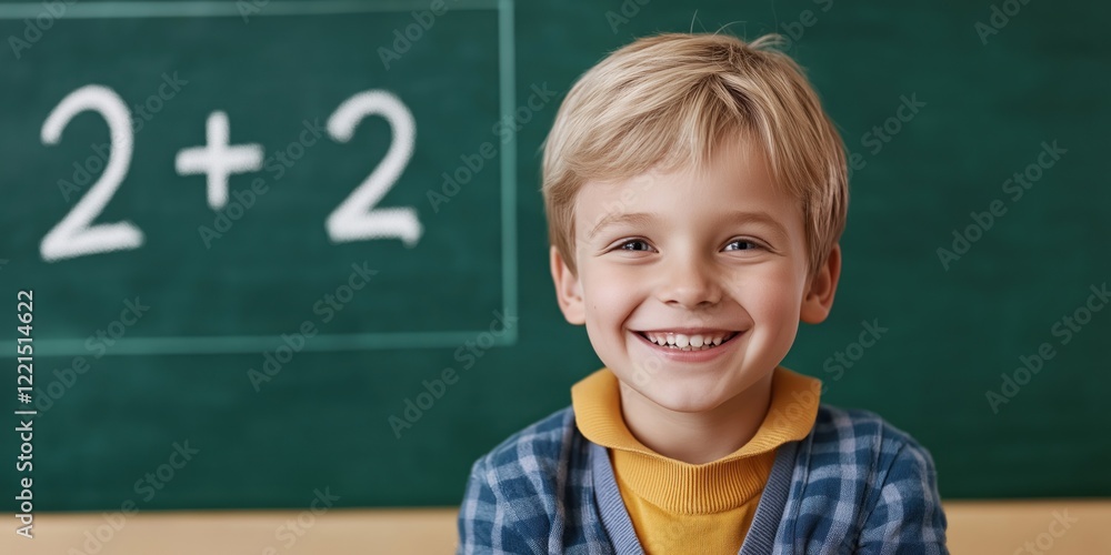 A smiling White European boy around seven years old is seated at a desk in a classroom A smiling White European boy around seven years old is seated at a desk in a classroom