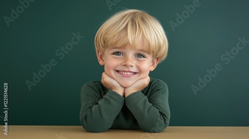 Wallpaper Mural A cheerful six-year-old boy with blonde hair is seated at a desk resting his chin on his hands and smiling brightly showcasing the happiness of a school environment in a simple classroom Torontodigital.ca