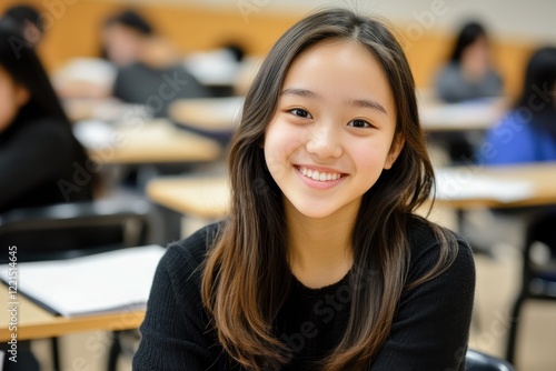 A cheerful Asian teenage girl around 15 years old smiles warmly at the camera while sitting at her desk in a clean simple classroom. Her positive energy shines in this bright learning environment