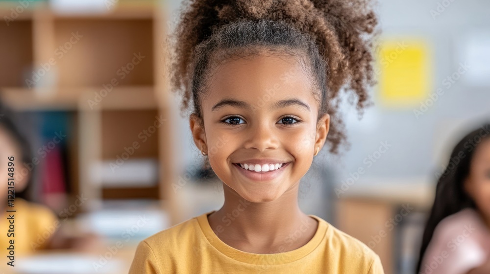 A joyful African American girl around eight years old smiles directly at the camera in a classroom filled with bright colors. Her vibrant expression exudes happiness and confidence A joyful African American girl around eight years old smiles directly at the camera in a classroom filled with bright colors. Her vibrant expression exudes happiness and confidence