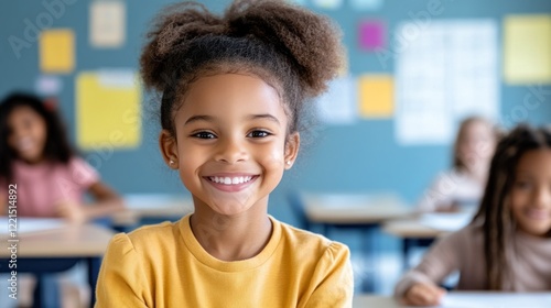 A happy African American girl around 8 years old smiles brightly at the camera in a classroom filled with colorful notes