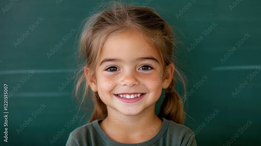 A cheerful girl around eight years old smiles broadly at the camera while seated at a desk in a soft classroom environment. The green chalkboard in the background adds a classic school feel A cheerful girl around eight years old smiles broadly at the camera while seated at a desk in a soft classroom environment. The green chalkboard in the background adds a classic school feel