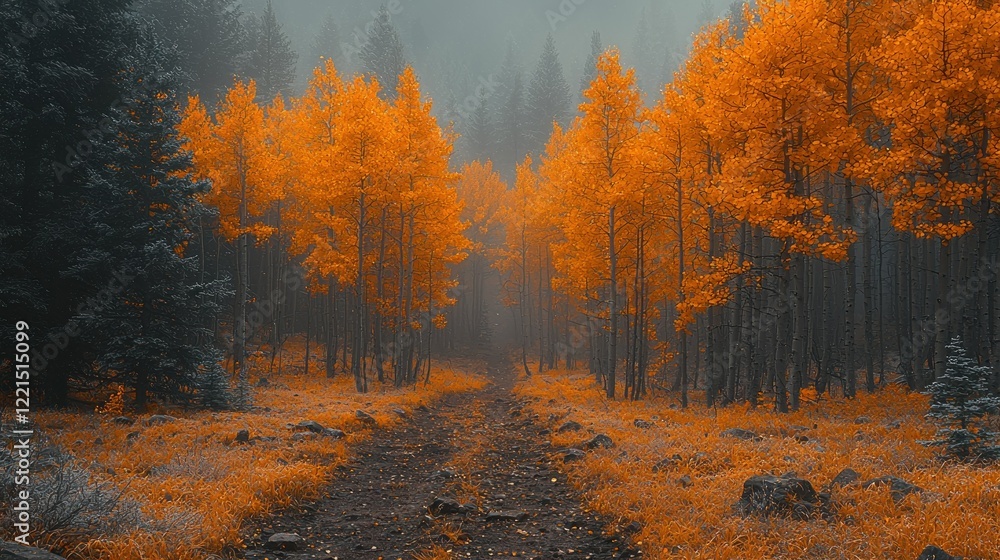 Autumnal Path: Enchanting Forest Road in Misty Golden Aspens Autumnal Path: Enchanting Forest Road in Misty Golden Aspens