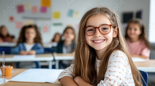 A joyful White European girl around ten years old is smiling brightly at the camera in a simple classroom. She wears glasses with classmates visible in the soft background