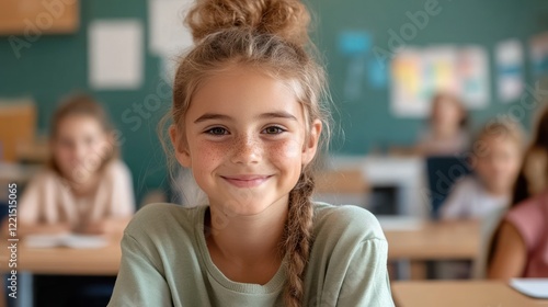 Wallpaper Mural A cheerful girl around nine years old is sitting in a minimalist classroom making direct eye contact with the camera. Her smile radiates positivity creating a welcoming atmosphere Torontodigital.ca