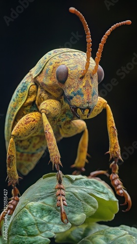 Colorful insect macro shot showcasing the intricate exoskeleton antennae and claws of an unknown arthropod species perched on a green leaf photo