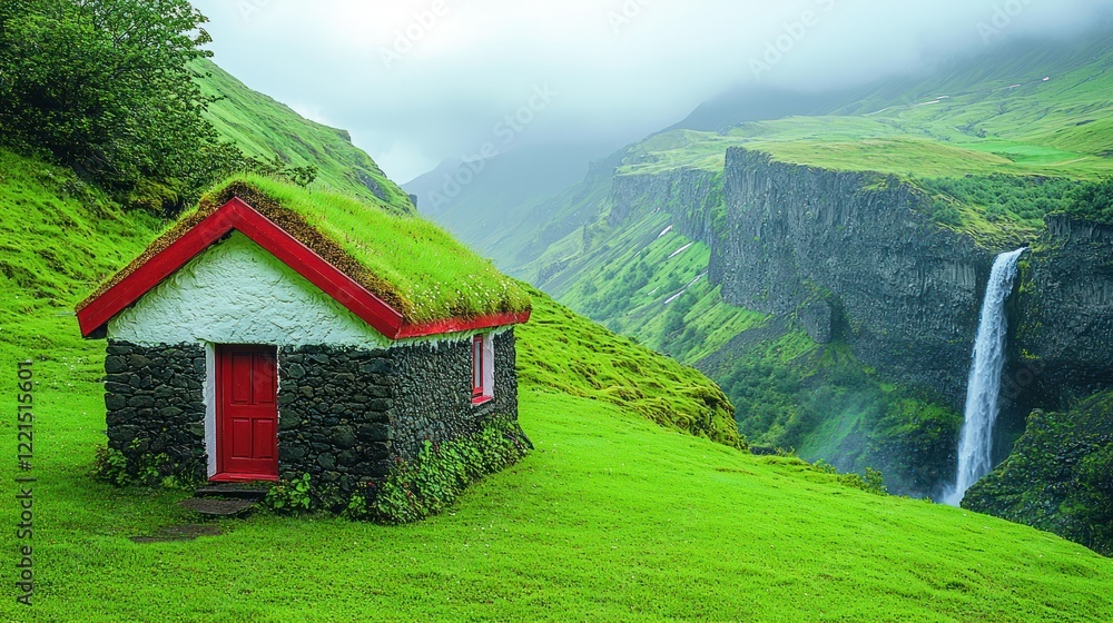 Obraz premium Icelandic Turf House and Waterfall: A Serene Landscape