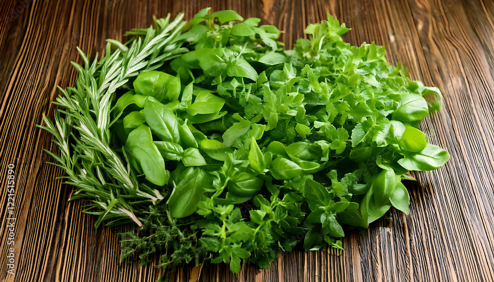 Vibrant assortment of fresh herbs, including basil, rosemary, and parsley, arranged on a rustic wooden background. Perfect for culinary, healthy eating, or gardening themes. Vibrant assortment of fresh herbs, including basil, rosemary, and parsley, arranged on a rustic wooden background. Perfect for culinary, healthy eating, or gardening themes.