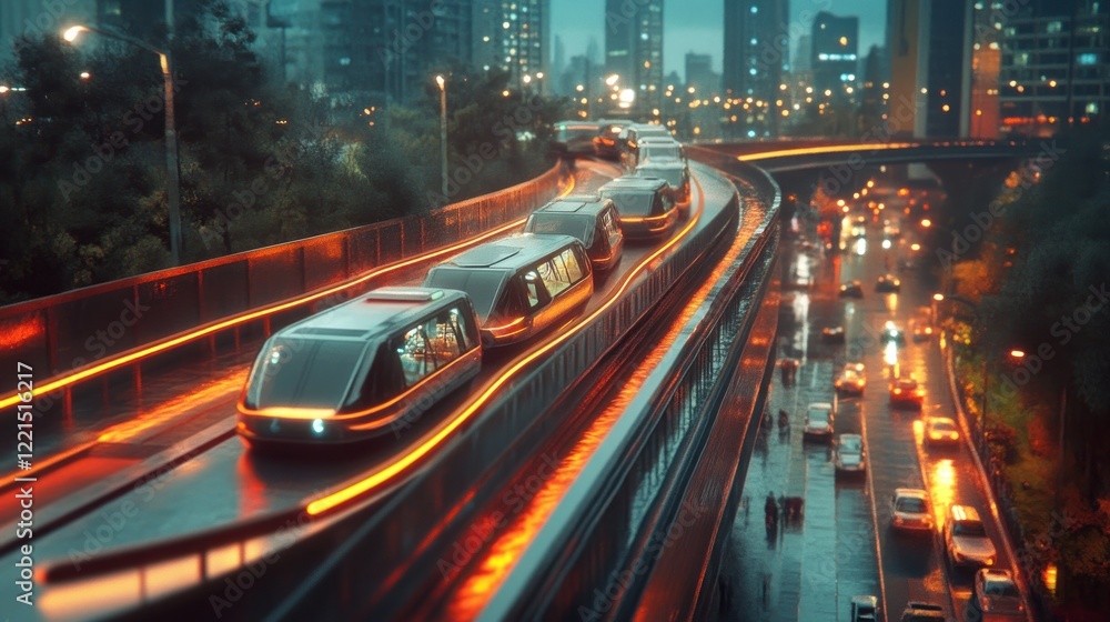 Futuristic Cityscape: Autonomous Pods Glide Through Neon-Lit Streets Futuristic Cityscape: Autonomous Pods Glide Through Neon-Lit Streets