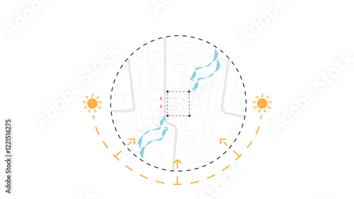 architecture site analysis symbol icon element drawing graphic flat isolated vector. architecture element line sun wind sound sun path vegetation.