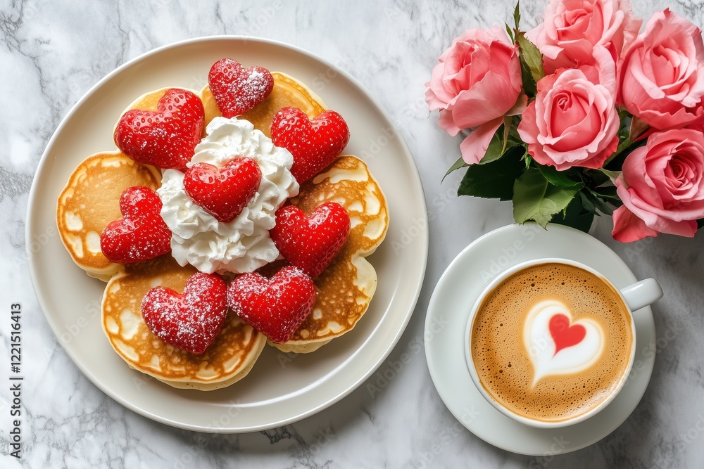 Loving breakfast with latte art heart and sweet Valentine decoration Loving breakfast with latte art heart and sweet Valentine decoration