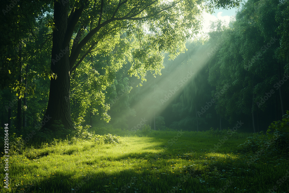 Sunlight streams through trees, illuminating a serene green meadow in a tranquil forest setting Sunlight streams through trees, illuminating a serene green meadow in a tranquil forest setting