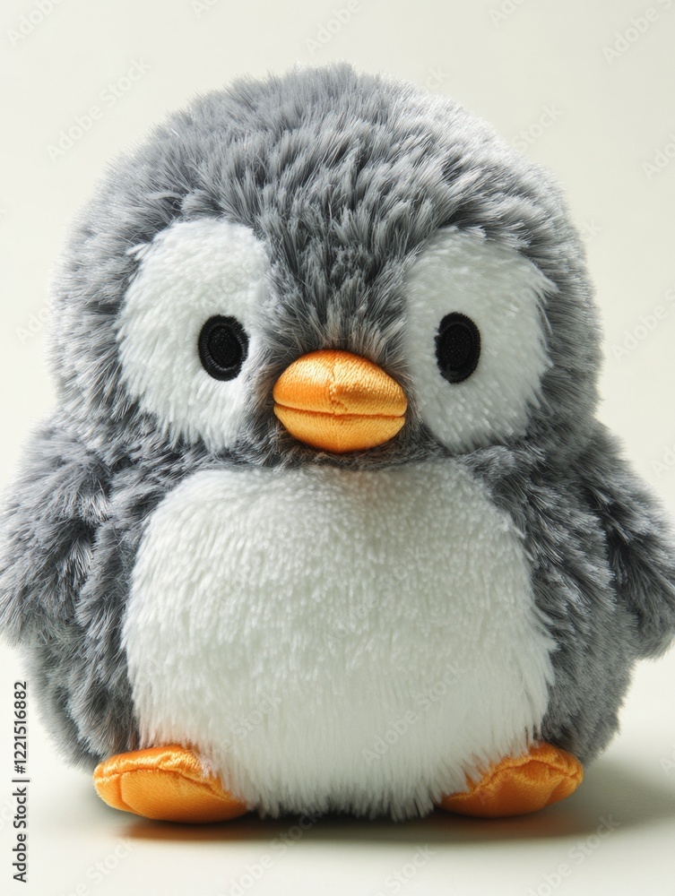 A small stuffed penguin with orange feet and a yellow beak. The penguin is sitting on a white surface A small stuffed penguin with orange feet and a yellow beak. The penguin is sitting on a white surface