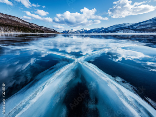 Symmetrical Ice Crack Patterns: Abstract Glacial Art, Stunning Nature Photography, Polar Ice Cap,    photo