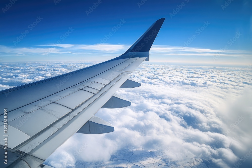 Aerial View of Soft White Clouds Against a Clear Blue Sky from an Airplane Window Aerial View of Soft White Clouds Against a Clear Blue Sky from an Airplane Window