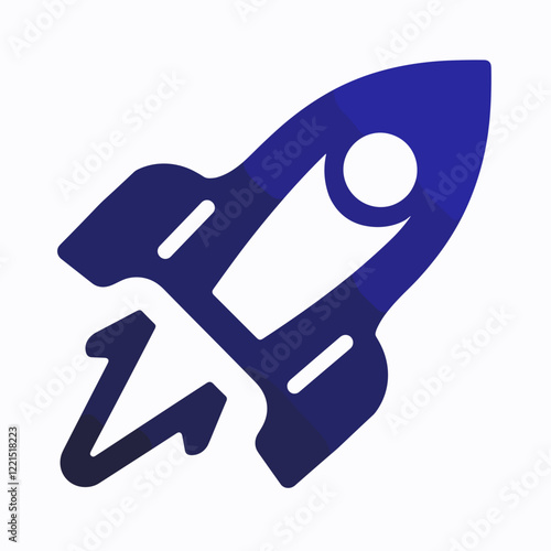Rocket Icon in Blue Tones Ascending with Flame Emission