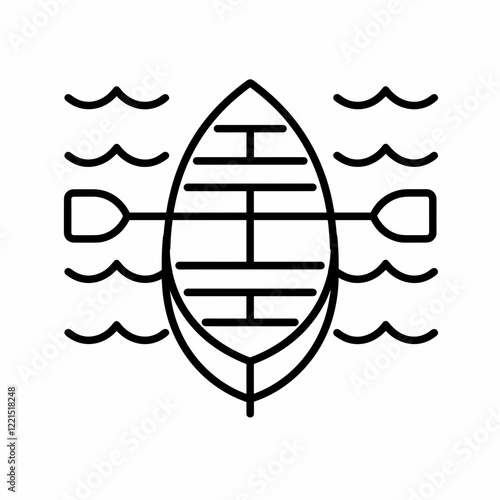  Rowing Boat Icon in Vector Minimalist Black Line Art on Wavy Water