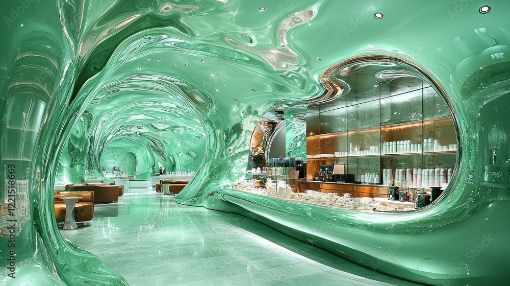 Fototapeta premium Emerald Enchantment: A mesmerizing interior design of a futuristic cafe with fluid, reflective surfaces and a calming ambiance.