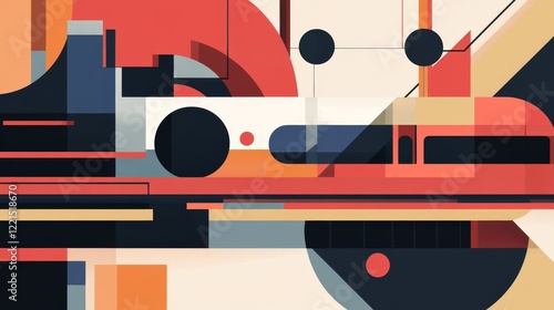 Modern abstract artwork showcasing bold geometric patterns with striking colors, conveying themes of technology, innovation, and urban style in a creative composition.
