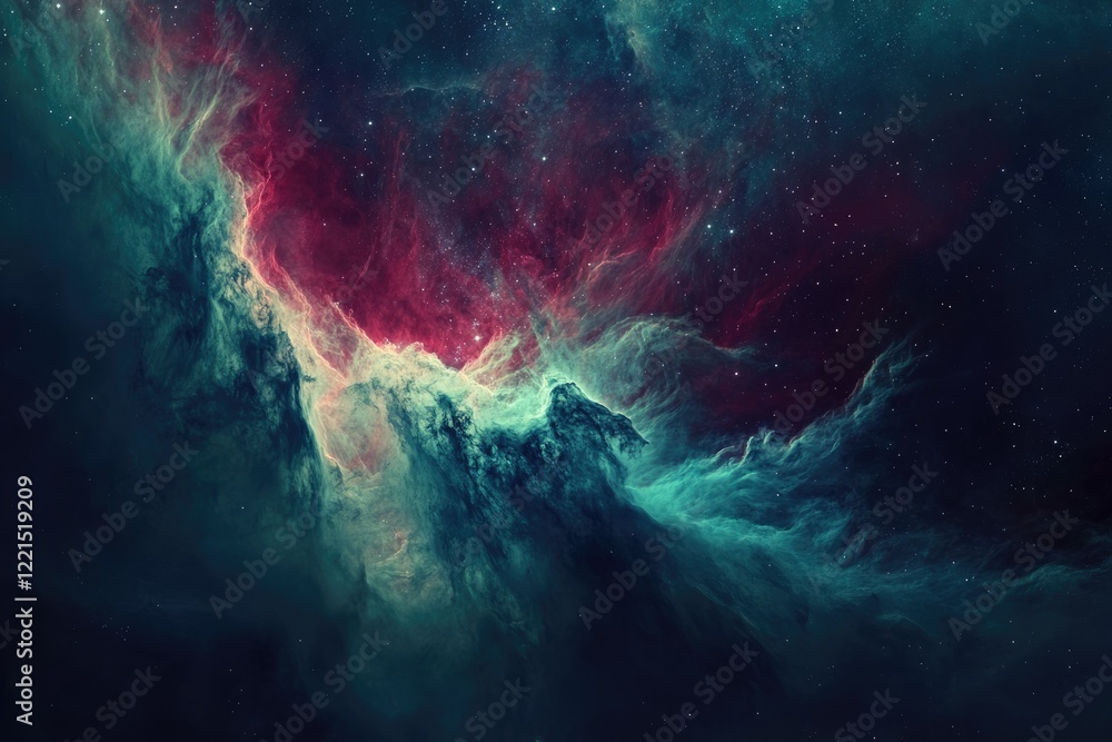 Fototapeta premium Cosmic nebula with vibrant teal and crimson hues, swirling gas clouds, and distant stars.