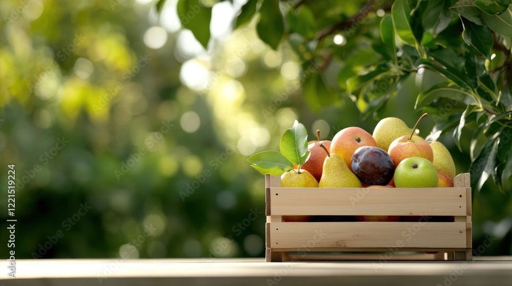 Freshly picked apples pears and plums are gathered in a rustic crate placed on a garden table. Dappled sunlight filters through surrounding greenery enhancing the natural ambiance