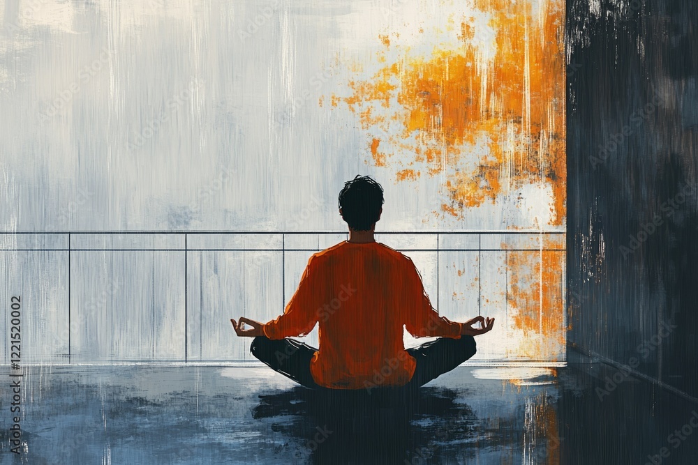 A person in orange meditating, back view, facing a textured wall with orange and grey tones. A person in orange meditating, back view, facing a textured wall with orange and grey tones.