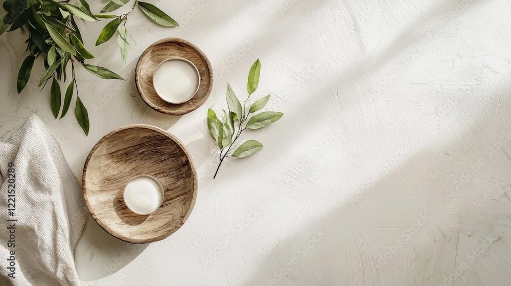 Natural soap and wooden tray with olive branch on white linens Natural soap and wooden tray with olive branch on white linens