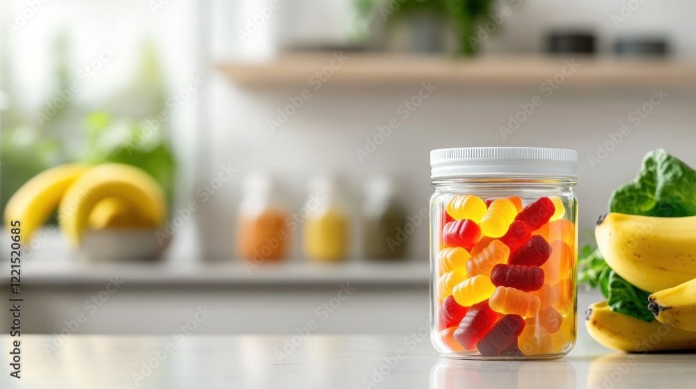 A round glass jar holds a vibrant mix of orange red and yellow multivitamin gummy bears A round glass jar holds a vibrant mix of orange red and yellow multivitamin gummy bears