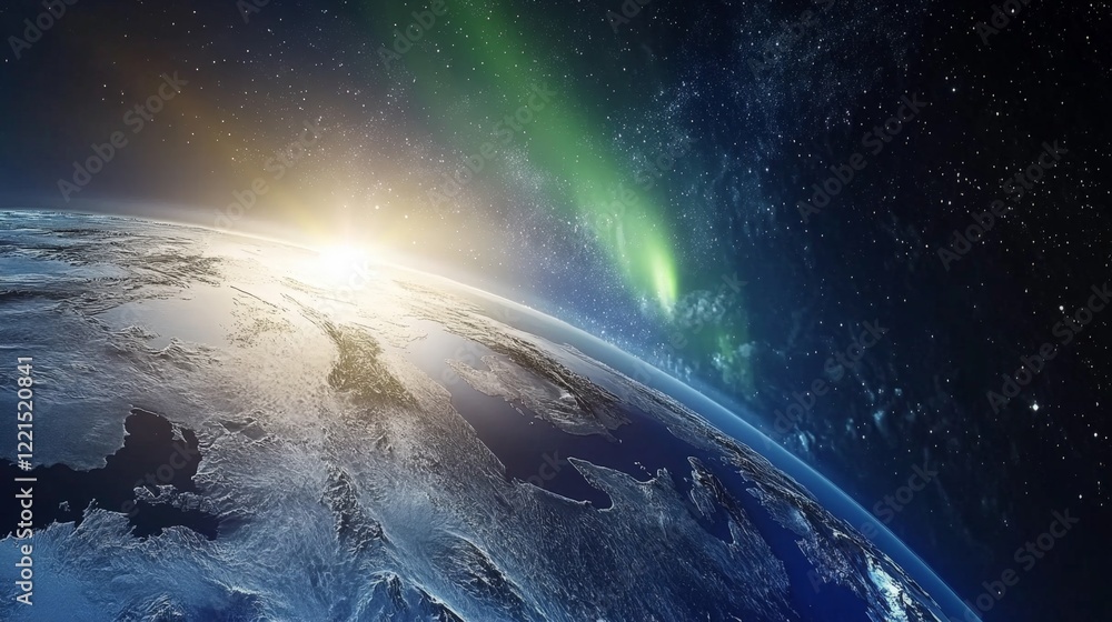 Fototapeta premium A beautiful image of the Earth with a bright sun in the sky. The sun is surrounded by a green and blue aurora. Concept of wonder and awe at the beauty of the universe