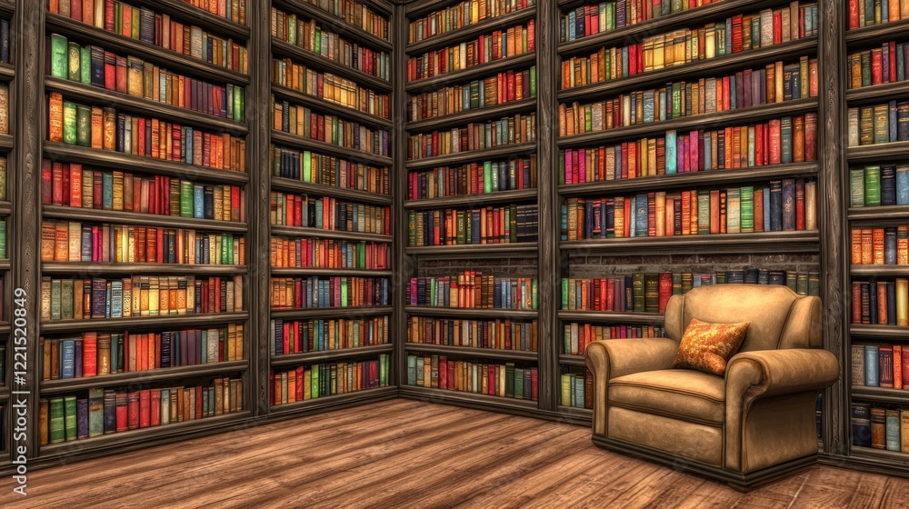 Cozy armchair in grand library; bookshelves, reading, knowledge, home study Cozy armchair in grand library; bookshelves, reading, knowledge, home study