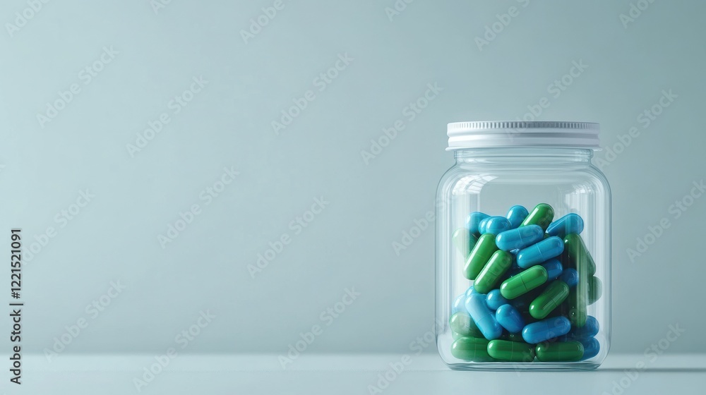 A transparent jar is filled with vibrant blue and green capsules positioned against a soft gray background A transparent jar is filled with vibrant blue and green capsules positioned against a soft gray background