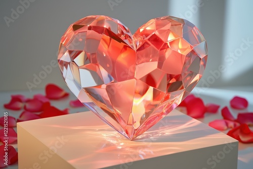 Glowing crystal heart as a modern Valentine sculpture with glamour photo